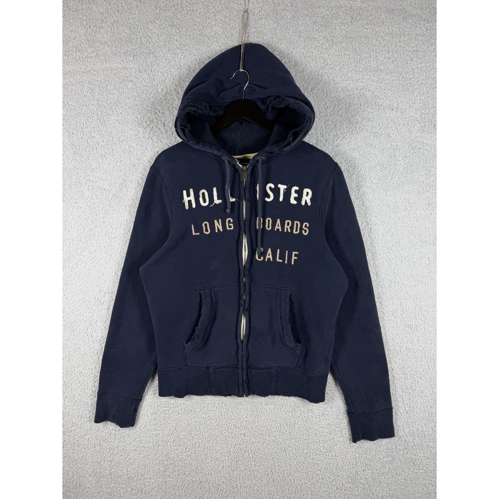Hollister Hoodie Mens Size L‎ Blue Full Zip Longboards Calif Logo Y2K Distressed